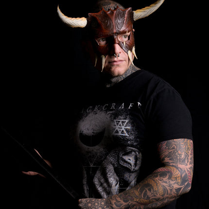 Handmade Genuine Leather Mask with Horns in Natural Colors - The Horned Beast
