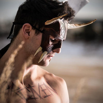 Handmade Genuine Leather Mask with Horns in Natural Colors - The Horned Beast