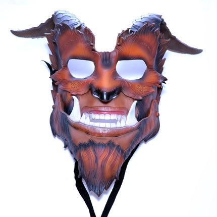 The Beast - Handmade Genuine Leather Mask with Horns in Natural Colors