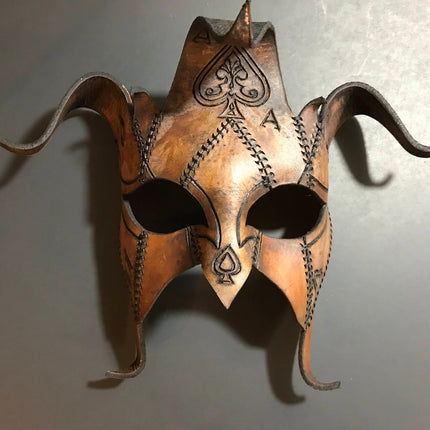 The Joker's Card- Joker Jester Handmade Genuine Leather Mask in Dyed Leather