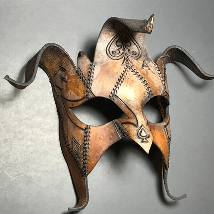 The Joker's Card- Joker Jester Handmade Genuine Leather Mask in Dyed Leather