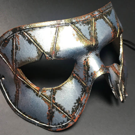 Harlequin Handmade Genuine Leather Mask in Silver Rust