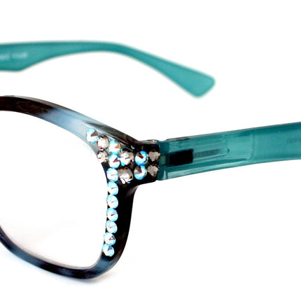 Coral, (Bling) Reading Glasses 4 Women W (Aquamarine, Black Diamond)Genuine European Crystals.(Teal Blue) Marble Pattern Frame.