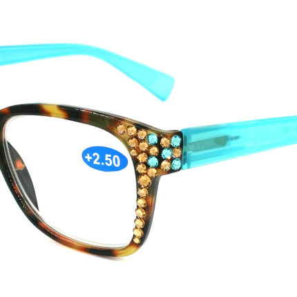 Madison Square, (Bling) Reading Glasses 4 Women W (L. Colorado, Aquamarine)Genuine European Crystals. +1.5..+3  NY Fifth Avenue (Wide frame)