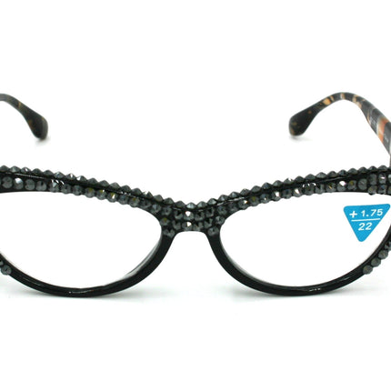 Lynx, (Bling) Women Reading Glasses W 2X (Full TOP) (Hematite) Genuine European Crystals,  Cat Eyes Tiger Print, Cat eye, NY Fifth Avenue.