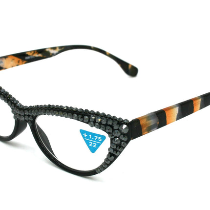Lynx, (Bling) Women Reading Glasses W 2X (Full TOP) (Hematite) Genuine European Crystals,  Cat Eyes Tiger Print, Cat eye, NY Fifth Avenue.