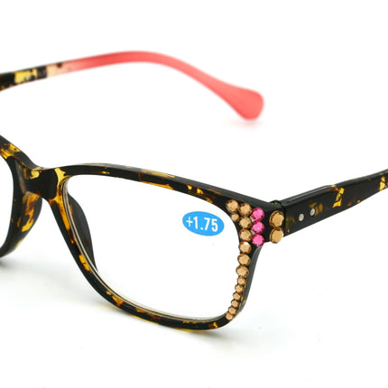 Milan, (Bling) Reading Glasses Women W (L. Colorado, L. Rose) Genuine European Crystals. Square +1.25..+3 (Tortoise Brown, Pink)