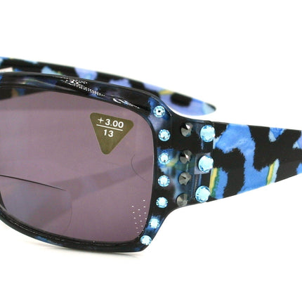 Lourdes, (Bling, Bifocal) Women Sun Reader W (Hematite, Aquamarine) Genuine European Crystals   (Blue) Leopard Animal Print, NY Fifth Avenue