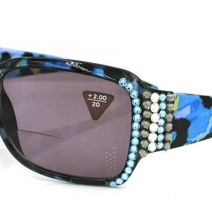 Lourdes, (Bling, Bifocal) Women Sun Reader W (Hematite, Aquamarine) Genuine European Crystals (Blue) Leopard Animal Print, NY Fifth Avenue