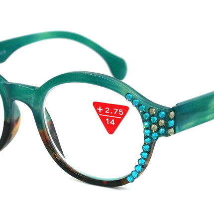 Citlalli, (Bling) Round Women Reading Glasses W (Blue Zircon, L. Colorado) Genuine European Crystals  (Green) Circle. NY Fifth Avenue