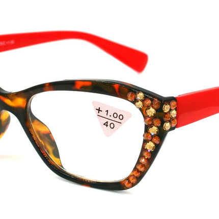Jane, (Bling) Women Reading Glasses W (L. Colorado, Cooper) Genuine European Crystals, Cat Eyes (Red Brown) Tortoise Shell. NY Fifth Avenue