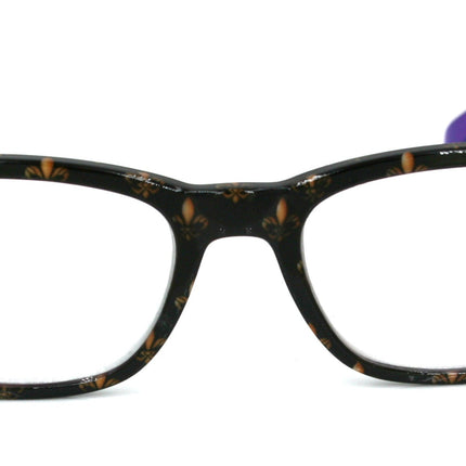 Lilly, (Premium) Reading Glasses (Fleur De Lis) +1 .. +3 Magnifying, Fashion Square Optical Frame. (Purple, Gold, Black) NY Fifth Avenue.