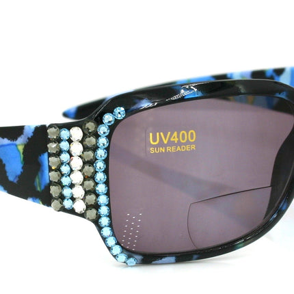 Lourdes, (Bling, Bifocal) Women Sun Reader W (Hematite, Aquamarine) Genuine European Crystals (Blue) Leopard Animal Print, NY Fifth Avenue