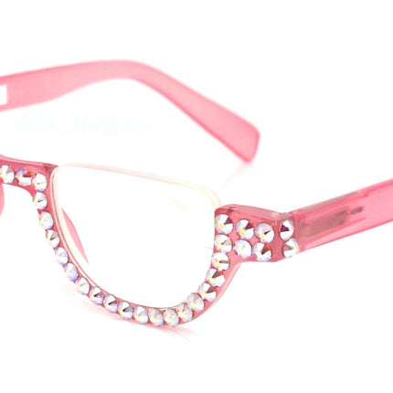 Half Moon, (Bling) Woman Reading Glasses W (Rose, AB Aurora Borealis) Genuine European Crystals Reader +1.25 +1.50.+4 Frame, NY Fifth Avenue