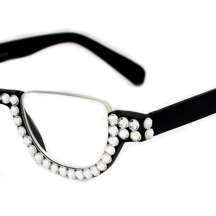 Half Moon, (Bling) Woman Reading Glasses Adorned w (Clear) Genuine European Crystals , Reader +1.25 to +4 Magnifying, Frame, NY Fifth Avenue