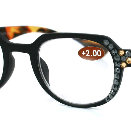 The Hexagon, (Bling) Women Reading Glasses W (Hematite, Light Colorado) Crystals (Geometric) (Black, Brown Tortoise shell) NY Fifth Avenue