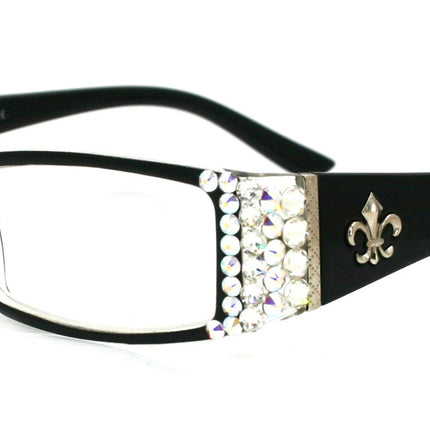 The French, (Bling) (Fleur De Lis) Women Reading Glasses W (Clear, AB Aurora Borealis) Genuine European Crystals  (Black)  NY Fifth Avenue