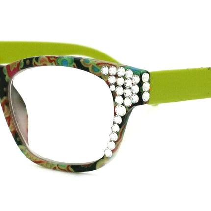 Persia, (Bling) Reading Glasses For Women Adorned W (Clear) Genuine European Crystals.+1.25.+3 (Lime Green) Paisley Floral. NY Fifth Avenue.