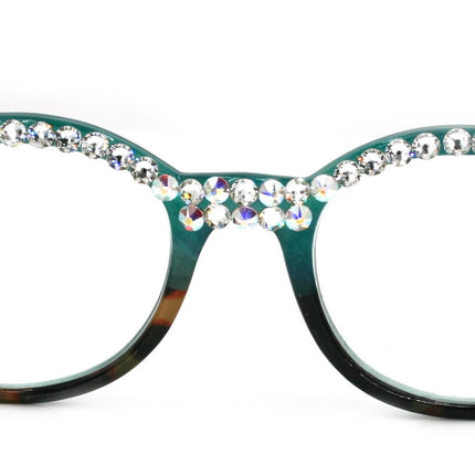 Citlalli, (Bling) Round Women Reading Glasses W (Full TOP) (Clear, AB Aurora Borealis) Genuine European Crystals  NY Fifth Avenue