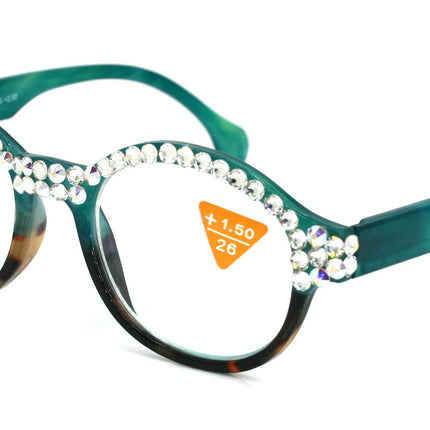 Citlalli, (Bling) Round Women Reading Glasses W (Full TOP) (Clear, AB Aurora Borealis) Genuine European Crystals  NY Fifth Avenue