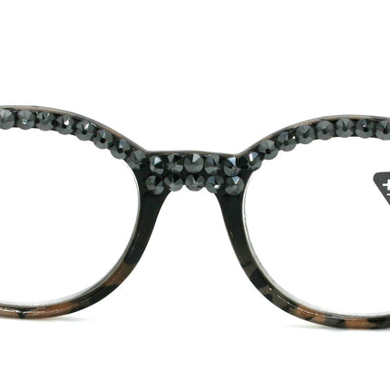 Malinalli, (Bling) Women Reading Glasses W  (Hematite) Genuine European Crystals (Black, Tortoise Brown) Round Circle. NY Fifth Avenue