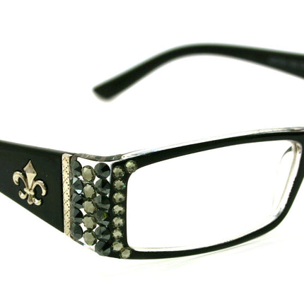 The French, (Bling) (Fleur De Lis) Women Reading Glasses W (Black Diamond, Hematite) Genuine European Crystals (Black) Frame NY Fifth Avenue