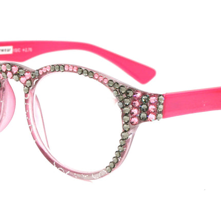 Grace, (Bling) Reading Glasses 4 Women W (Rose, Black Diamond) Genuine European Crystals (Metallic Silver, Pink) Round NY Fifth Avenue