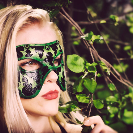 Dual Layer Handmade Genuine Leather Mask in Green and Black with Swarovski Crystals