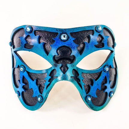 Dual Layer Handmade Genuine Leather Mask in Blue and Black with Swarovski Crystals