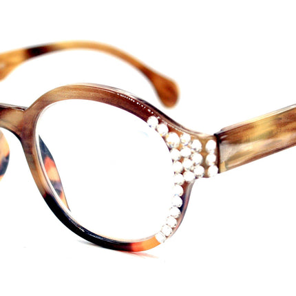Citlalli, (Bling) Round Women Reading Glasses W (Clear) Genuine European Crystals +1.50..+3 (Marble Brown) Circle. NY Fifth Avenue