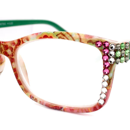 Frida, (Bling) Reading Glasses Women W (Clear, Peridot Green, Rose) Genuine European Crystals. Square Paisley, NY Fifth Avenue.