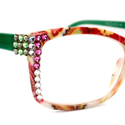 Frida, (Bling) Reading Glasses Women W (Clear, Peridot Green, Rose) Genuine European Crystals. Square Paisley, NY Fifth Avenue.