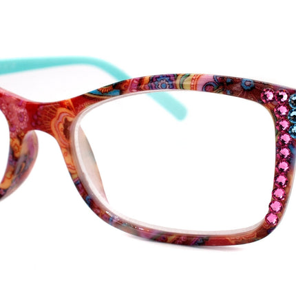 Frida, (Bling) Reading Glasses Women Adorned W (Rose, Aquamarine) Genuine European Crystals.+1.25 to +4  Paisley print. NY Fifth Avenue.