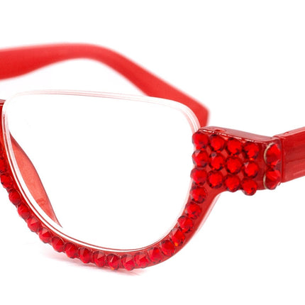Half Moon, (Bling) Woman Reading Glasses Adorned W (Light Siam) Genuine European Crystals, Reader Magnifying,   (Red) NY Fifth Avenue.