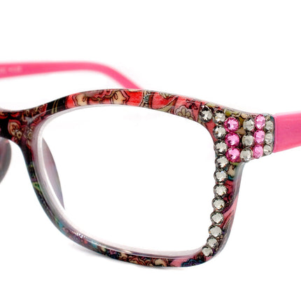 Frida, (Bling) Reading Glasses Women Adorned w (Rose, Black Diamond) Genuine European Crystals.+1.25 to +4  Paisley print.  NY Fifth Avenue