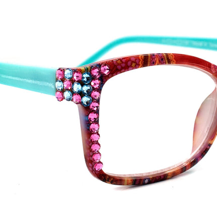 Frida, (Bling) Reading Glasses Women Adorned W (Rose, Aquamarine) Genuine European Crystals.+1.25 to +4  Paisley print. NY Fifth Avenue.