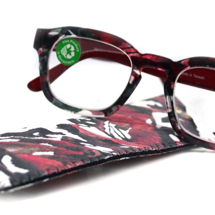 Sasha, (Premium) Reading Glasses, High End Readers +1.25..+3 Magnifying Eyeglasses (Black n Red) Camo Square Optical Frames NY Fifth Avenue