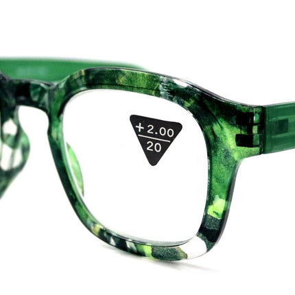Sasha, (Premium) Reading Glasses, High End Readers +1.25..+3 Magnifying Eyeglasses (Black, Green) Camo Square Optical Frames NY Fifth Avenue
