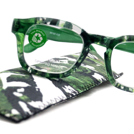 Sasha, (Premium) Reading Glasses, High End Readers +1.25..+3 Magnifying Eyeglasses (Black, Green) Camo Square Optical Frames NY Fifth Avenue