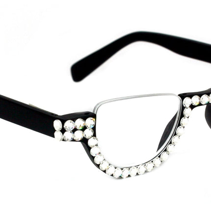 Half Moon, (Bling) Woman Reading Glasses Adorned w (Clear) Genuine European Crystals , Reader +1.25 to +4 Magnifying, Frame, NY Fifth Avenue