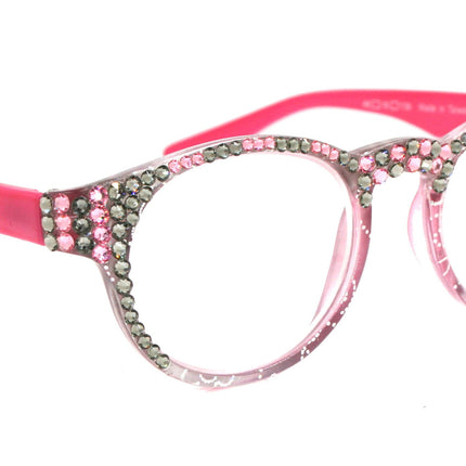Grace, (Bling) Reading Glasses 4 Women W (Rose, Black Diamond) Genuine European Crystals (Metallic Silver, Pink) Round NY Fifth Avenue