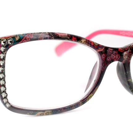 Frida, (Bling) Reading Glasses Women Adorned w (Rose, Black Diamond) Genuine European Crystals.+1.25 to +4  Paisley print.  NY Fifth Avenue