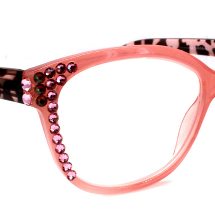 Savannah, (Bling) Reading Glasses 4 Women W (Light Rose, Rose) Genuine European Crystals. Square +1.25..+3 (Tortoise Brown n Pink)