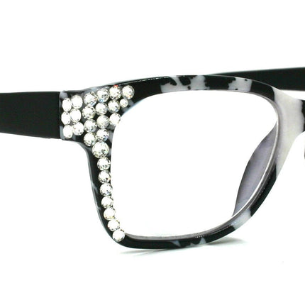 The Bohemian, (Bling) Reading Glasses 4 Women w (Clear)Genuine European Crystals.+1.25 .. +4 (Black n White Tortoise shell)