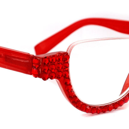 Half Moon, (Bling) Woman Reading Glasses Adorned W (Light Siam) Genuine European Crystals, Reader Magnifying,   (Red) NY Fifth Avenue.