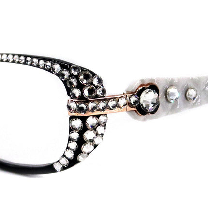 Glamour Quilted, (Bling) Reading Glasses For Women With (Full Top)  Genuine European Crystals+1.25 to +3 (White, Black) NY fifth avenue.