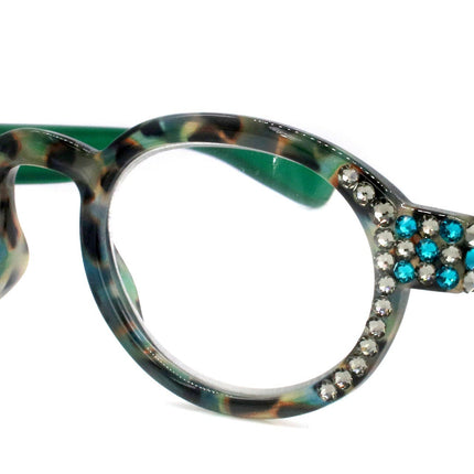 Celeste, (Bling) Reading Glasses Women W (Black Diamond, Blue Zircon) Genuine European Crystals (Green Tortoise Shell) NY Fifth Avenue