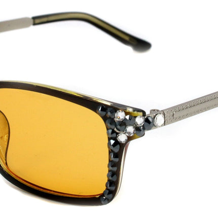 Aria, (Bling) (Computer Glasses) (80 % Blue Blocker Filter) Amber Lens W (Hematite, Clear) Genuine European Crystals (No Prescription)