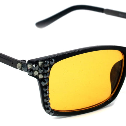 Aria, (Bling) (Computer Glasses) Amber Lens W (Hematite, Black Diamond) Genuine European Crystals (No Prescription)  NY Fifth Avenue
