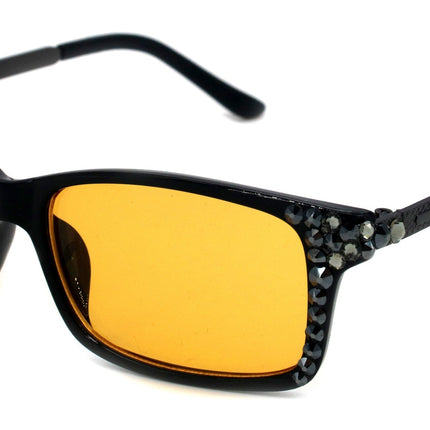Aria, (Bling) (Computer Glasses) Amber Lens W (Hematite, Black Diamond) Genuine European Crystals (No Prescription)  NY Fifth Avenue